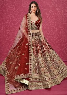 Red Embroidered Velvet Lehenga Set