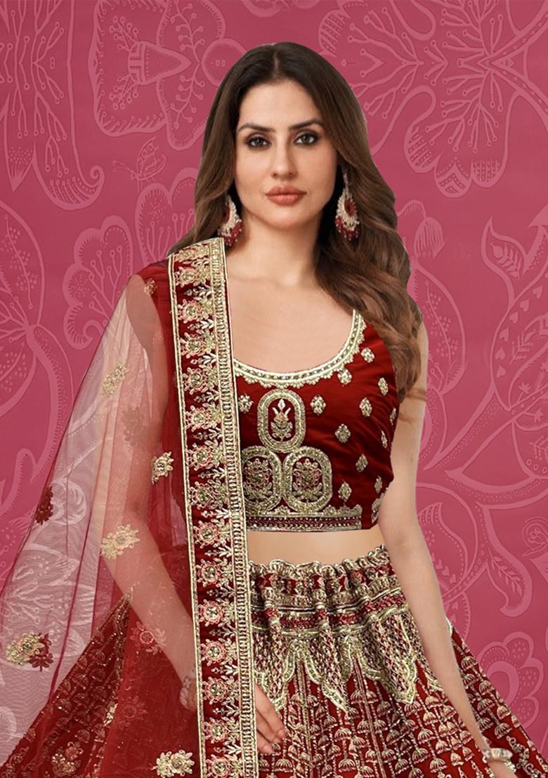 Red Embroidered Velvet Lehenga Set