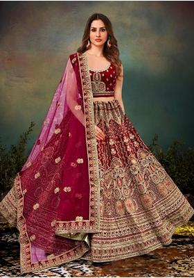 Magenta Embroidered Velvet Lehenga Set