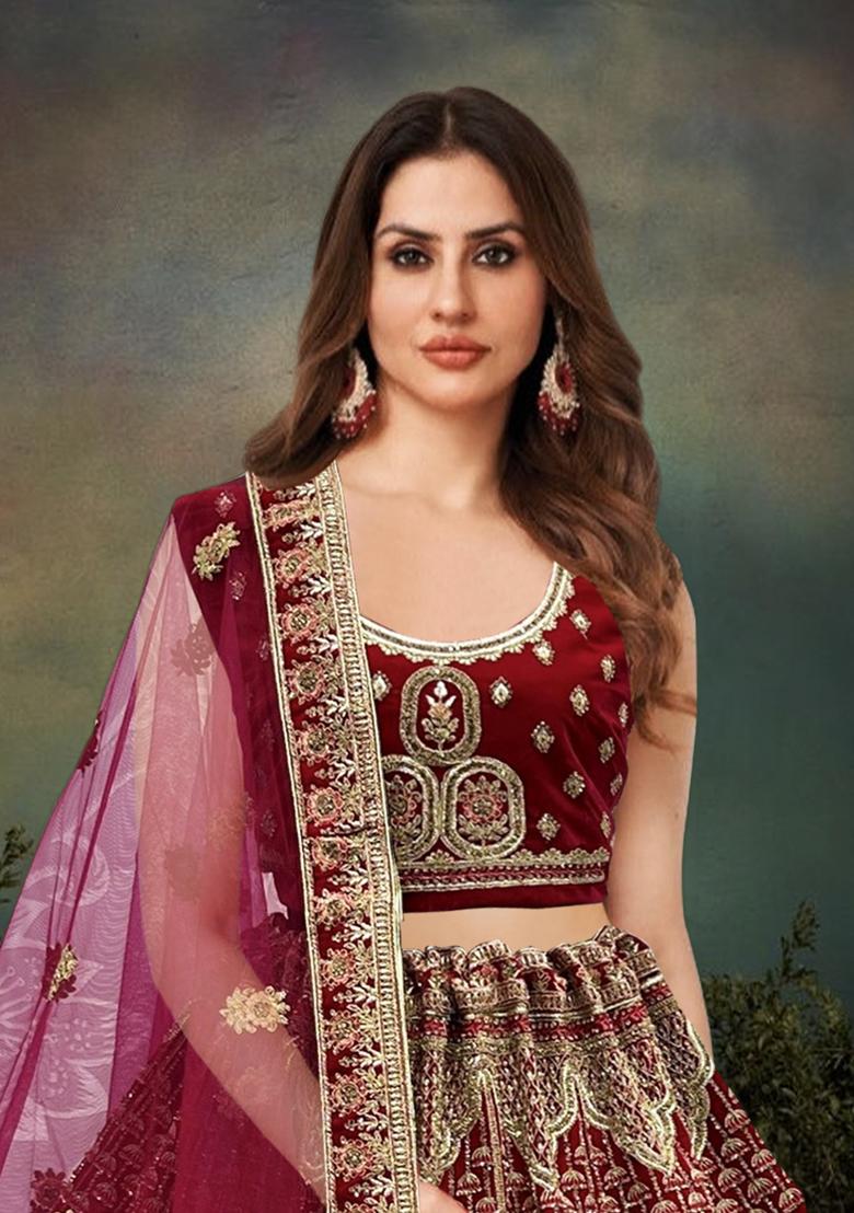 Magenta Embroidered Velvet Lehenga Set