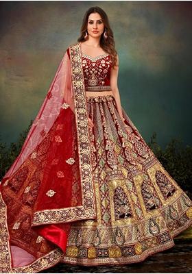 Red Embroidered Velvet Lehenga Set