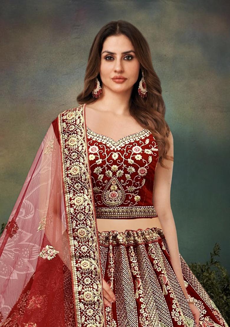 Red Embroidered Velvet Lehenga Set
