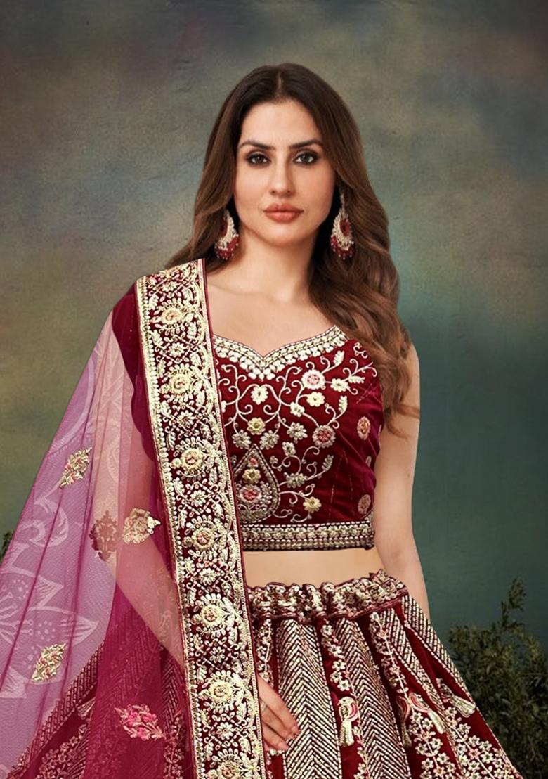 Magenta Embroidered Velvet Lehenga Set