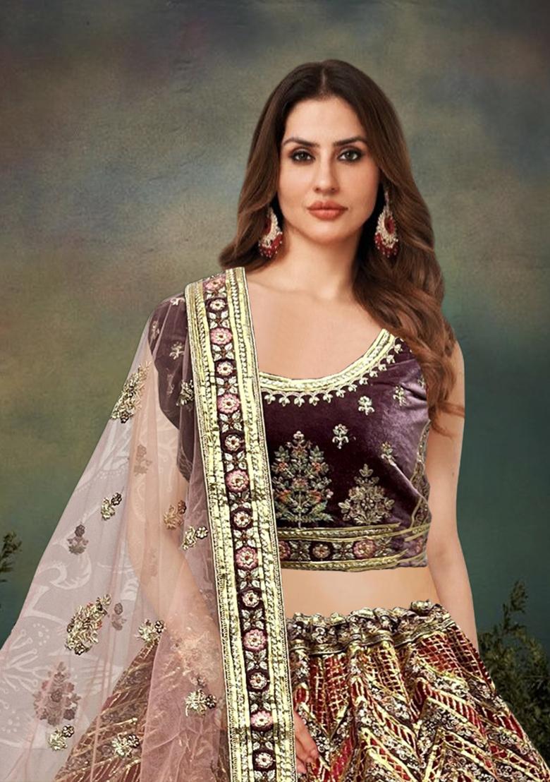 Purple Embroidered Velvet Lehenga Set