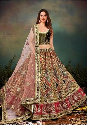 Mehendi Green Embroidered Velvet Lehenga Set