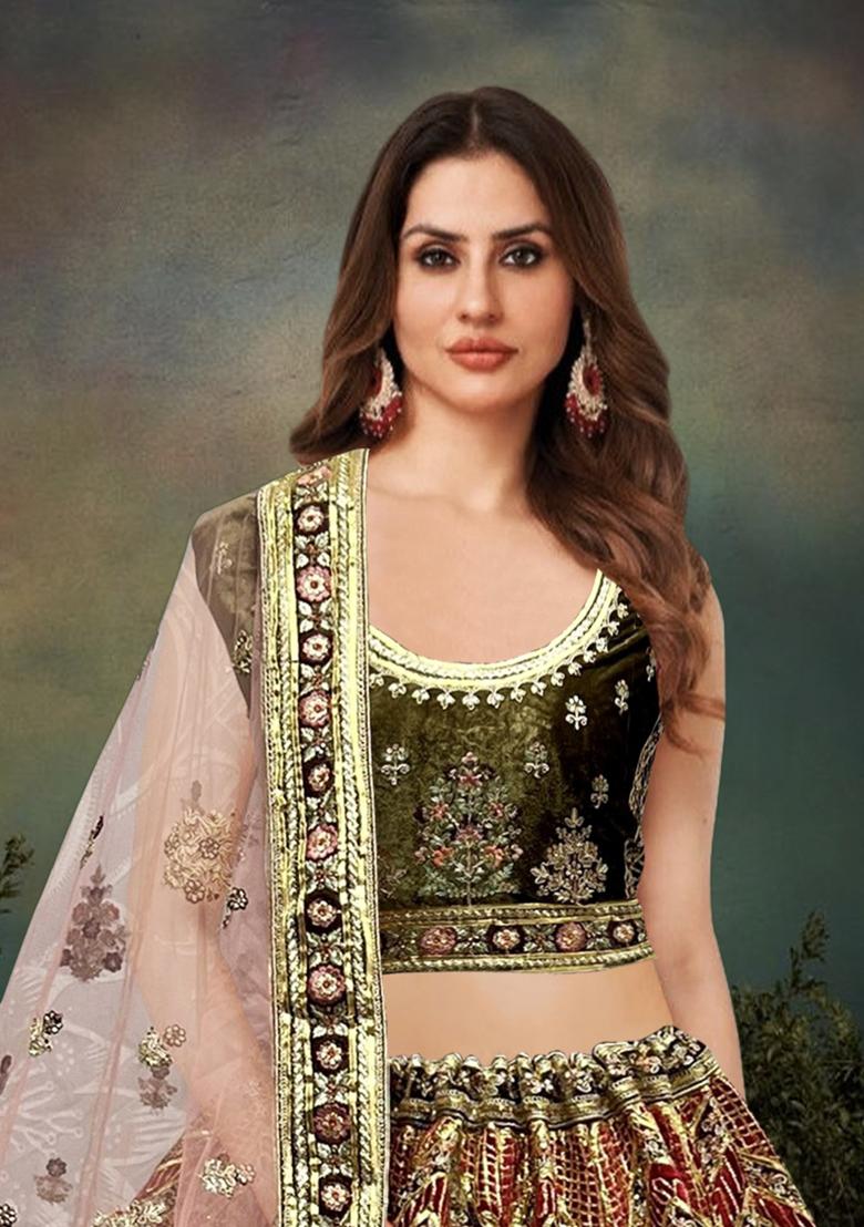 Mehendi Green Embroidered Velvet Lehenga Set