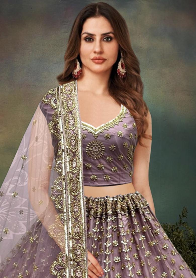 Lavender Zari Work Net Bridal Lehenga Set