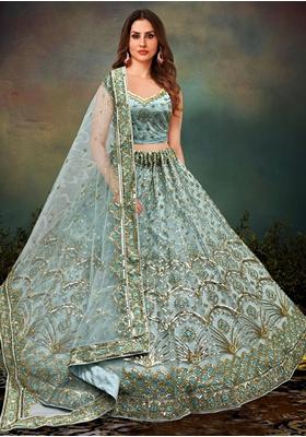 See Green Zari Work Net Bridal Lehenga Set