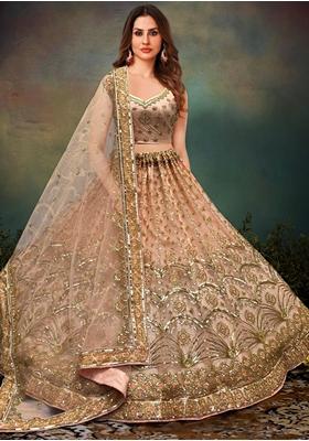 Peach Zari Work Net Bridal Lehenga Set