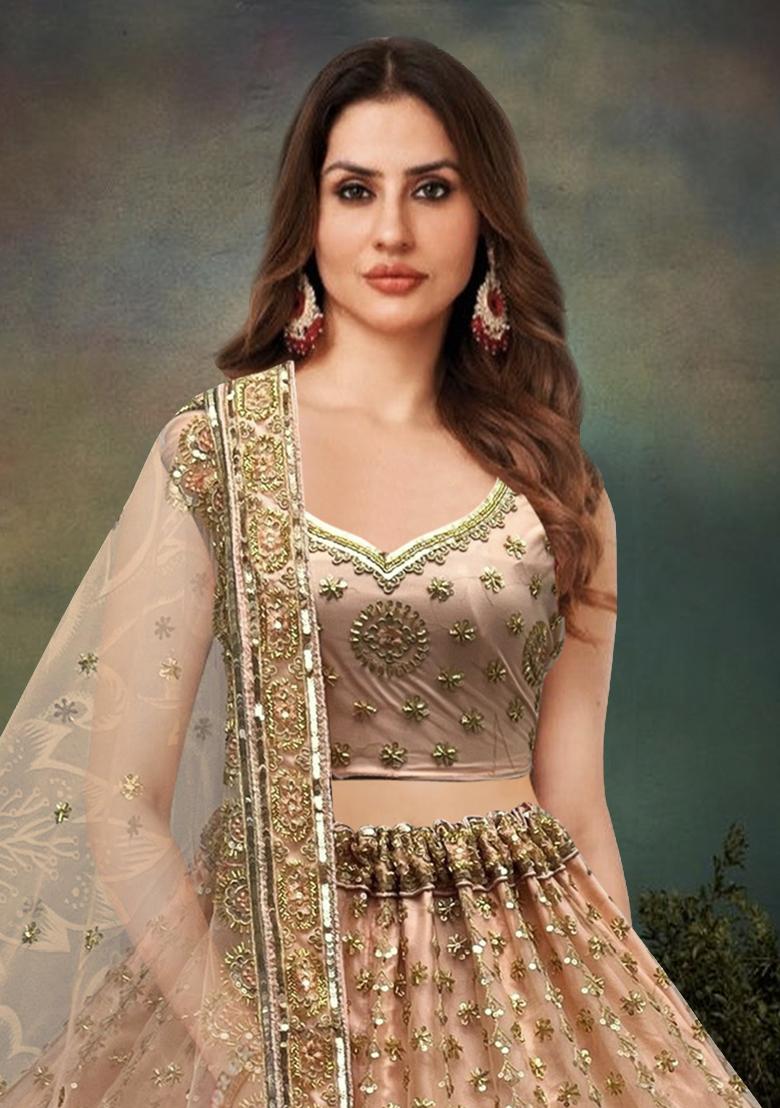 Peach Zari Work Net Bridal Lehenga Set