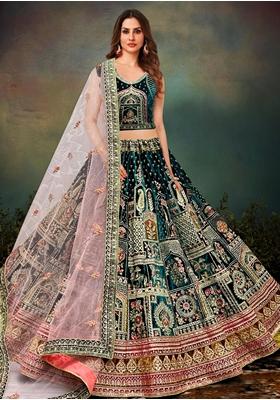 Green Embroidered Velvet Lehenga Set