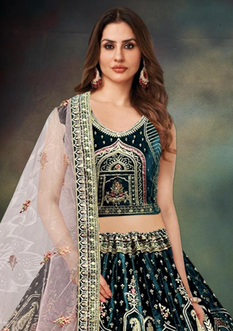 Green Embroidered Velvet Lehenga Set