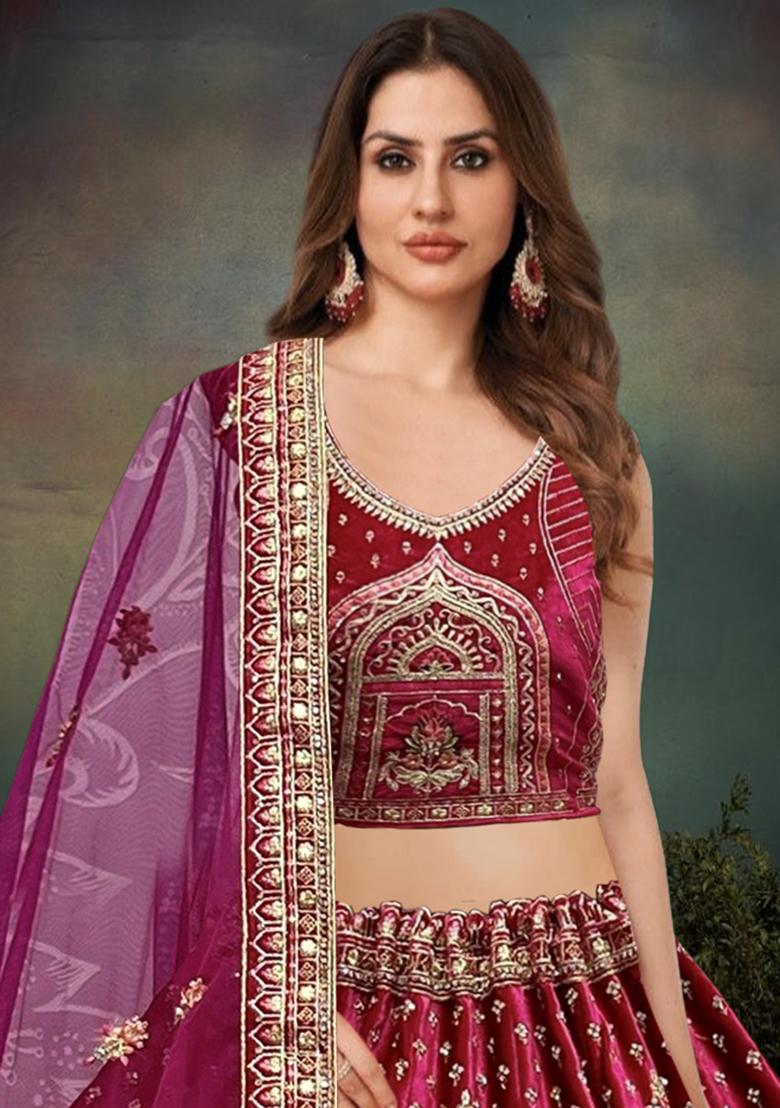 Magenta Embroidered Velvet Lehenga Set