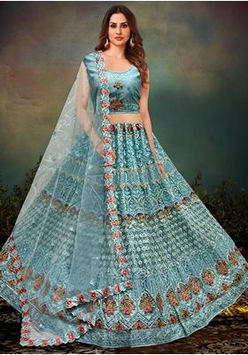 Aqua Blue Zari Work Net Lehenga Set