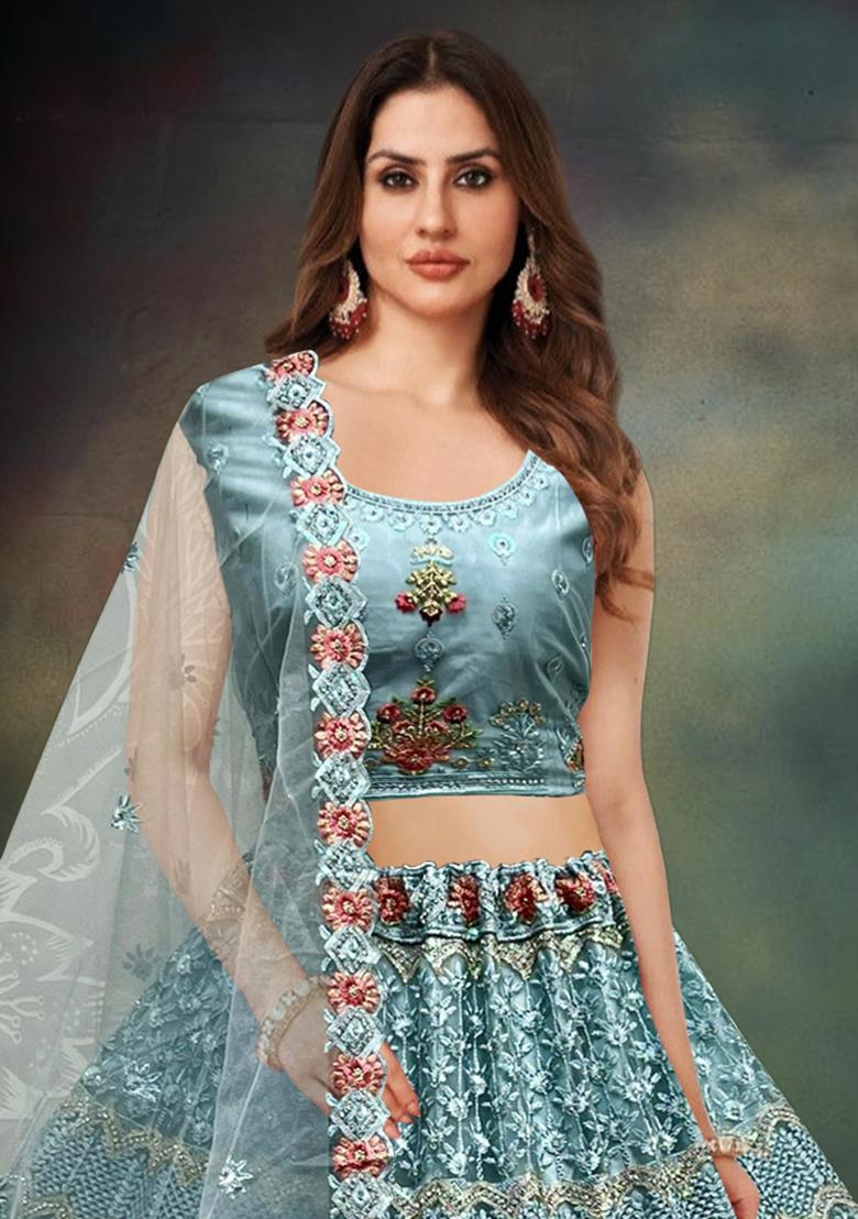 Aqua Blue Zari Work Net Lehenga Set