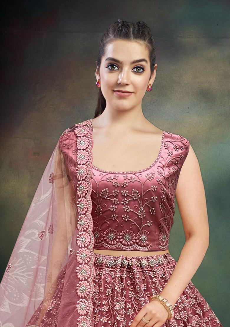 Rose Gold Embroidered Net Bridal Lehenga Set