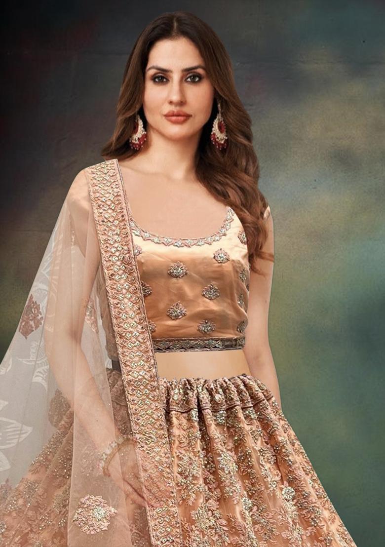 Orange Embroidered Net Lehenga Set