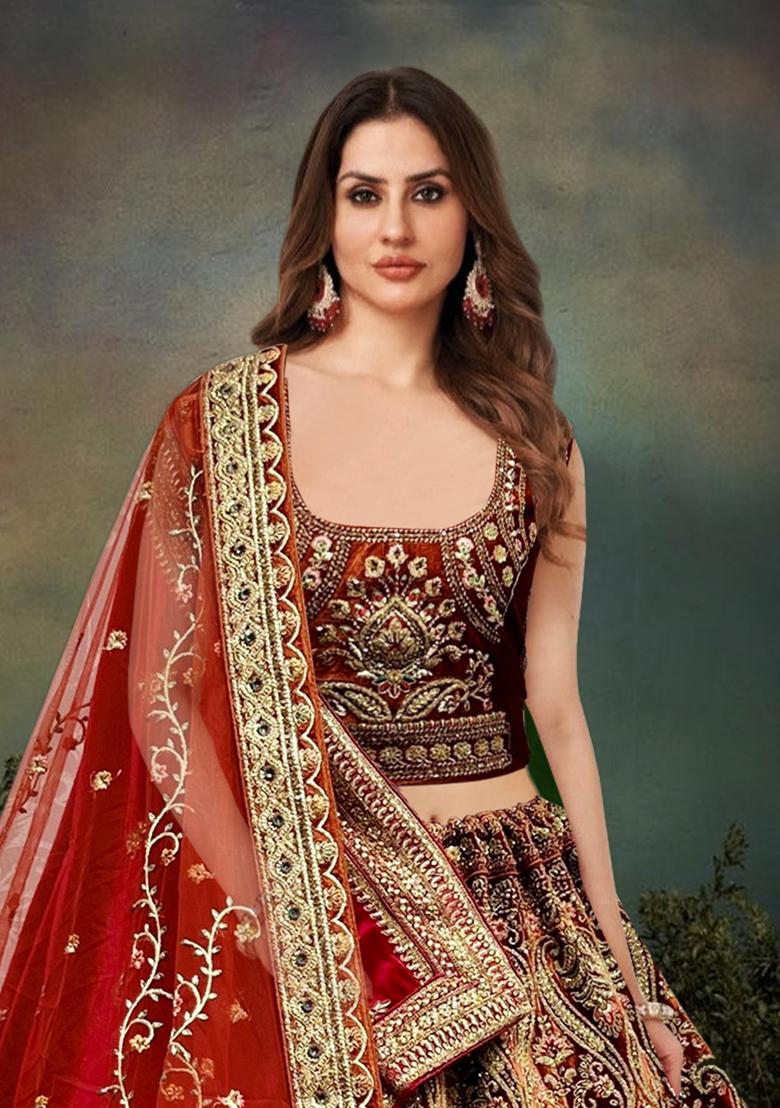 Red Embroidered Velvet Lehenga Set
