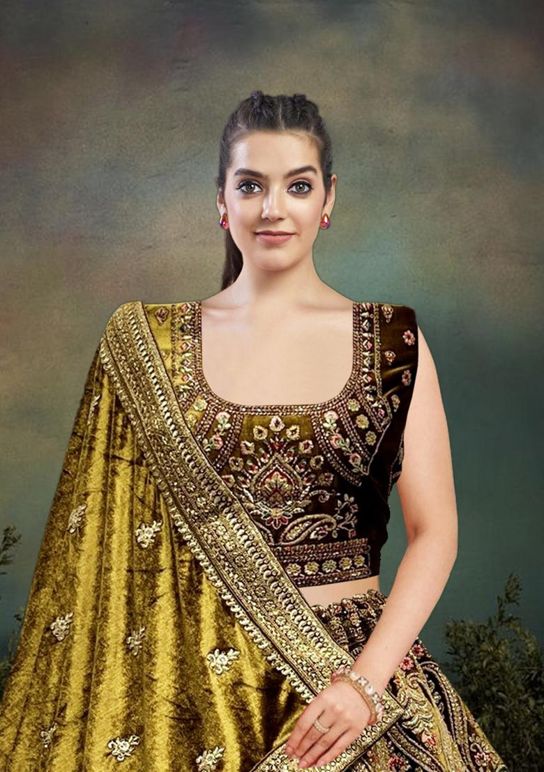 Maroon Embroidered Velvet Lehenga Set