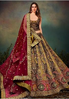 Mehendi Green Embroidered Velvet Lehenga Set