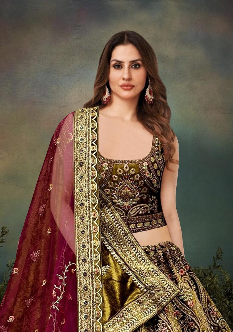 Mehendi Green Embroidered Velvet Lehenga Set