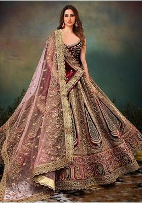 Maroon Embroidered Velvet Lehenga Set