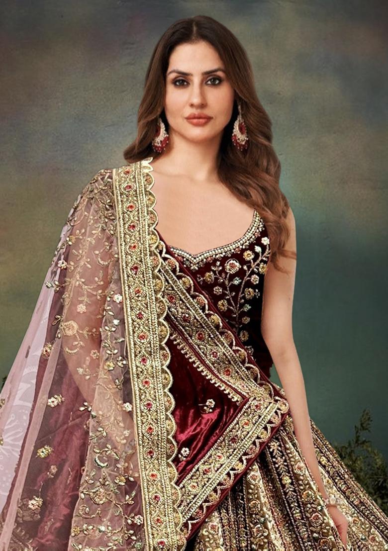 Maroon Embroidered Velvet Lehenga Set