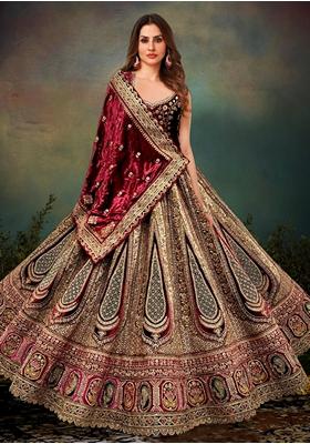 Maroon Embroidered Velvet Lehenga Set