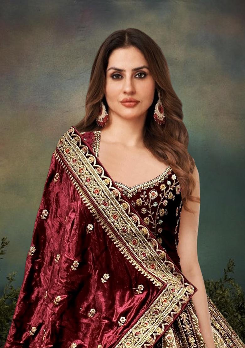 Maroon Embroidered Velvet Lehenga Set