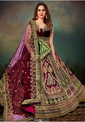 Purple Zari Work Velvet Lehenga Set