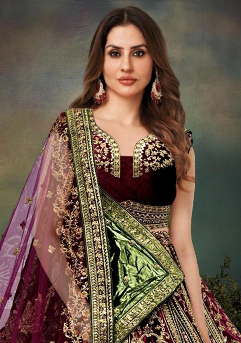Purple Zari Work Velvet Lehenga Set