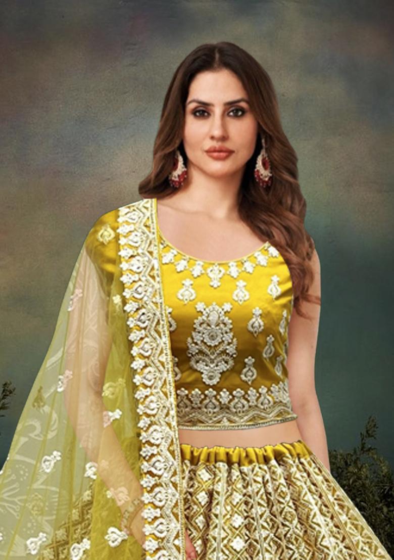 Yellow Embroidered Net Lehenga Set