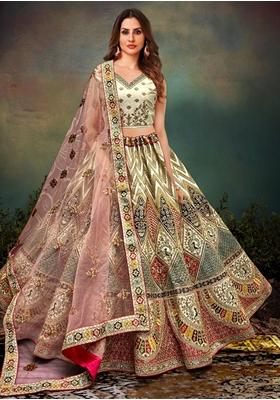 Pista Green Zari Work Silk Lehenga Set