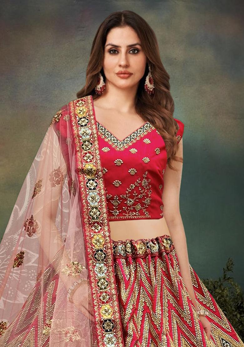 Pink Zari Work Silk Lehenga Set