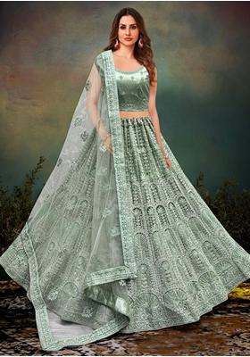 See Green Zari Work Net Lehenga Set