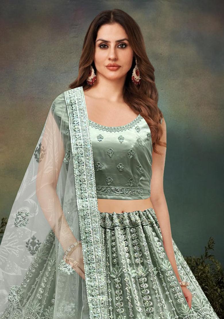 See Green Zari Work Net Lehenga Set