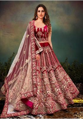 Magenta Embroidered Velvet Lehenga Set