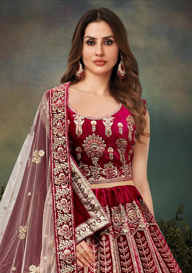 Magenta Embroidered Velvet Lehenga Set