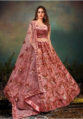 Peach Zari Work Net Lehenga Set