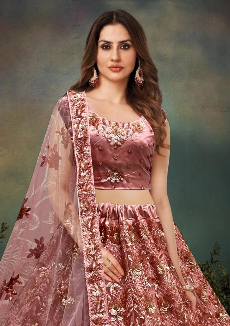 Peach Zari Work Net Lehenga Set
