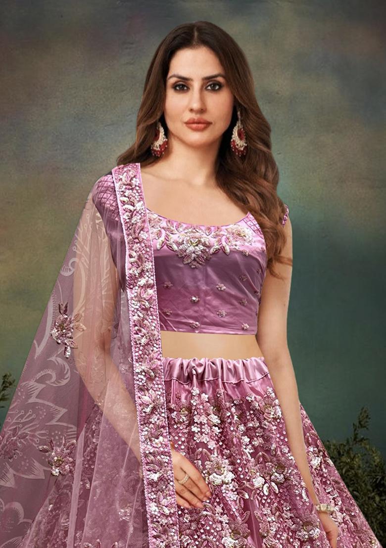 Lavender Zari Work Net Lehenga Set