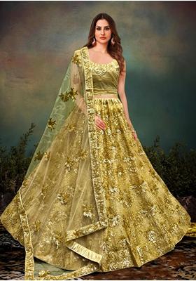 Green Zari Work Net Lehenga Set