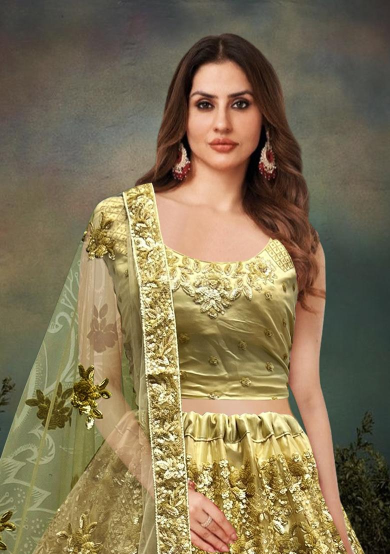 Green Zari Work Net Lehenga Set