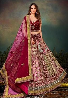 Maroon Embroidered Velvet Lehenga Set