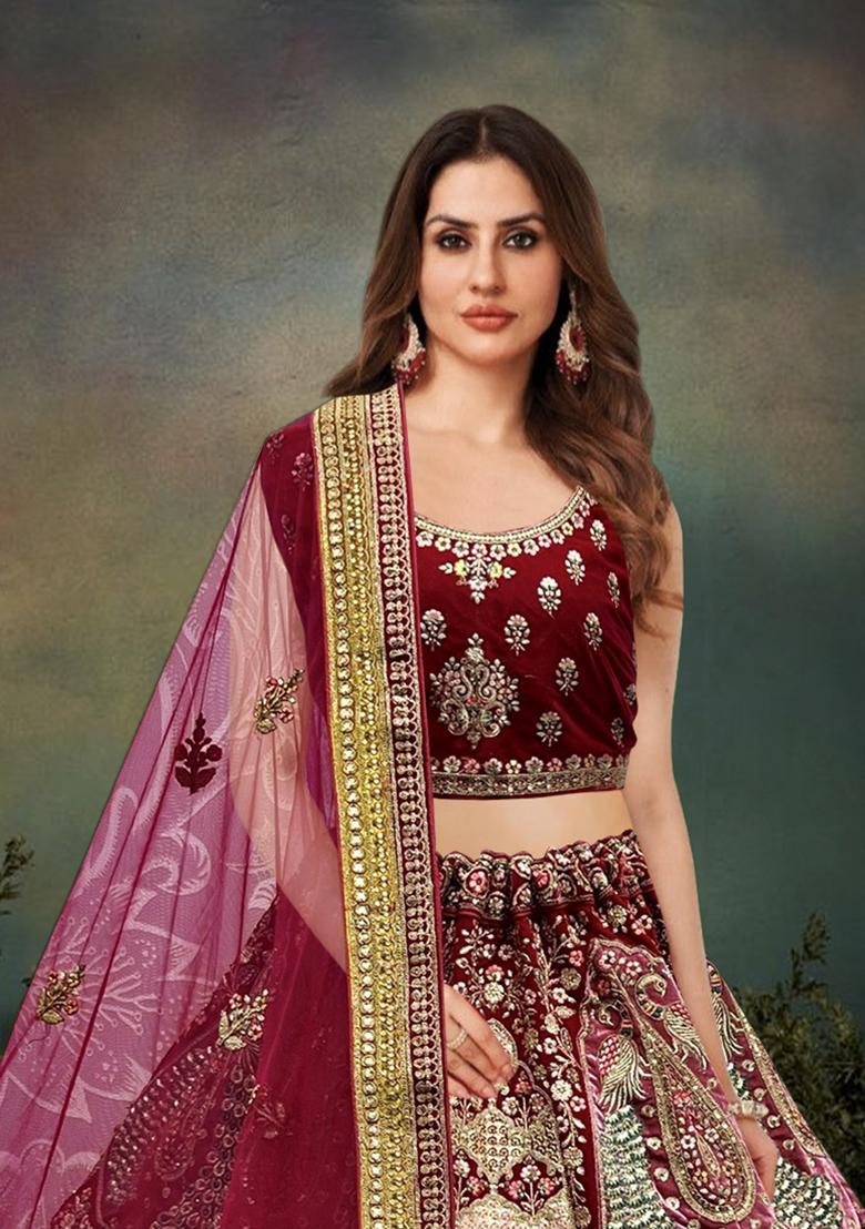 Maroon Embroidered Velvet Lehenga Set