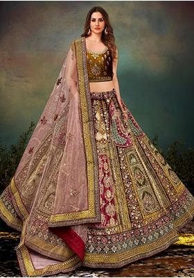 Mehendi Green Embroidered Velvet Lehenga Set