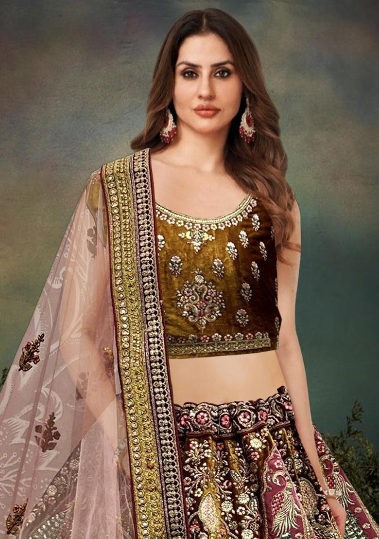 Mehendi Green Embroidered Velvet Lehenga Set