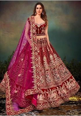 Magenta Embroidered Velvet Lehenga Set