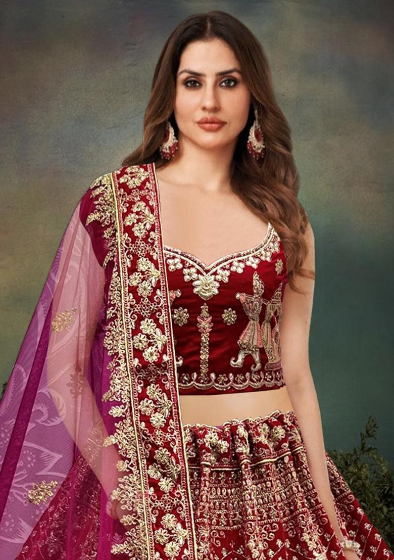 Magenta Embroidered Velvet Lehenga Set