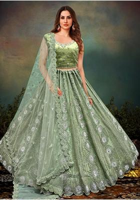 Pista Green Embroidered Net Lehenga Set